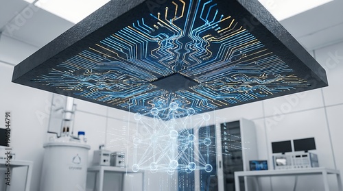 Futuristic microchip processor with glowing data lines, symbolizing advanced artificial intelligence, next-generation computing, and high-tech innovation in a research lab environment
