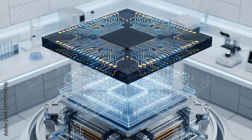 Advanced robotic arm in a modern laboratory assisting a scientist with a holographic interface