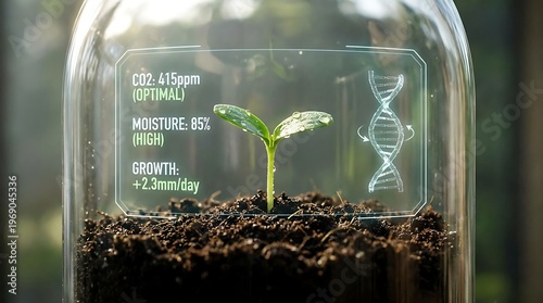 A tiny seedling sprouts from rich soil, nurtured in a futuristic, transparent container displaying vital growth data and DNA helix, symbolizing innovation in biotechnology and sustainable agriculture