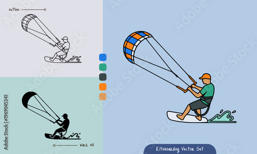 Kiteboarding athlete surfing on ocean waves in outline, silhouette, and flat color vector styles for extreme water sports and summer adventure design.