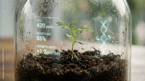 Smart cultivation concept of a young plant in a glass jar, featuring holographic data for precise environmental monitoring and biological insights