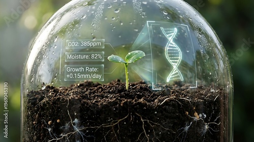 Biotechnology advancements in plant growth and development, showcasing a seedling in soil with a holographic DNA strand and growth metrics