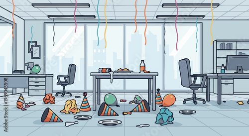 Vector illustration of a messy and empty office after a corporate party
