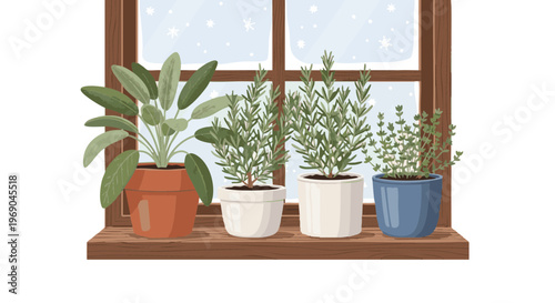 Indoor herb garden on a windowsill during a snowy winter day