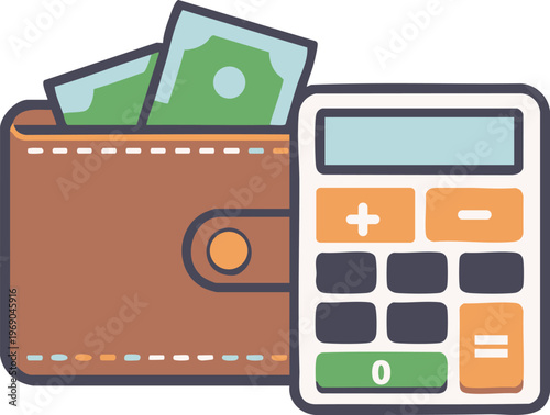 Financial Equilibrium: A visual representation of finance and economics, featuring a brown leather wallet brimming with cash alongside a calculator, symbolizing fiscal responsibility, accounting.