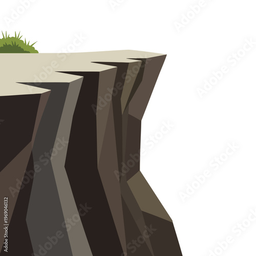 Geometric cliff edge with grass tuft, stark shadows, and angular texture