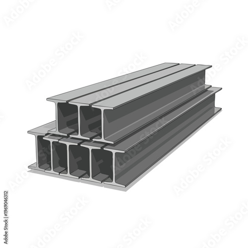 Stacked I-beams in a grey, linear isometric perspective, isolated on white