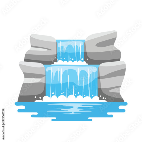 Two-tiered waterfall cascades over smooth grey rocks into calm blue water