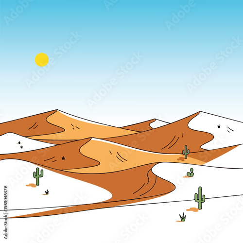 Stylized desert landscape with undulating dunes, sparse cacti, and a bright sun under a clear blue sky