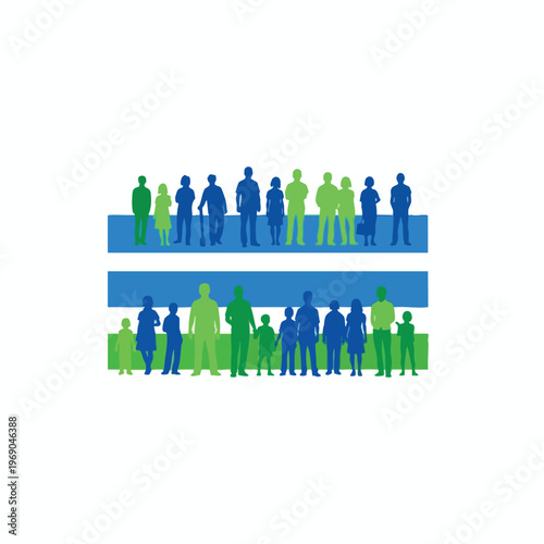 Diverse group of people, all ages, stand on colored horizontal bands