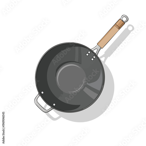 Flat illustration of a wok with wooden handle on a white background