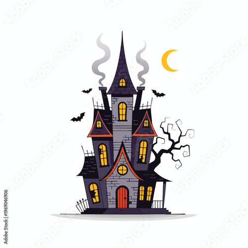 Spooky haunted house with bats, moon, and smoking chimneys