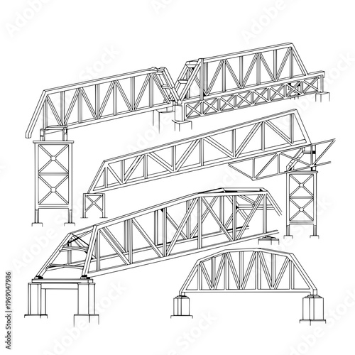 Construction workers build steel truss bridges in an industrial setting