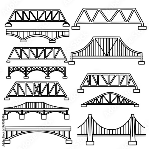 Various bridge types illustrated in a single composition on white