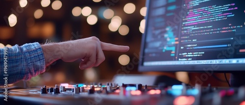 A hand interacts with a computer screen displaying code and controls.