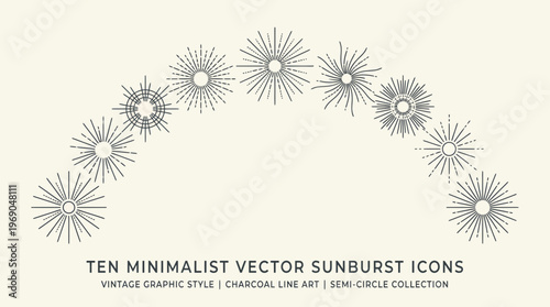 Ten minimalist vintage charcoal sunburst line icons collection arranged in a semi-circle arch on cream background, concept for graphic branding, minimalist logo design and retro product packaging