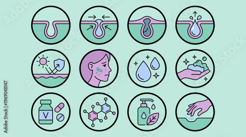 Dermatologist icon set showing skin inflammation and acne treatment process for medical office, concept for skincare education, pharmaceutical branding and business marketing materials