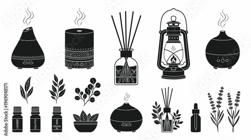 Black silhouette icons of aromatherapy set with electric essential oil diffusers, reed sticks, glass bottles and herbal leaves, concept for home wellness, spa branding and health marketing