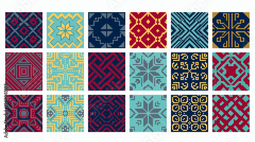 Collection of colorful pixelated geometric square patterns with ethnic tribal mosaic motifs on white background, concept for digital textile design, craft embroidery and game asset creation