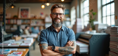 Bearded man wearing glasses smiles in a busy print shop. Crossed arms show confidence. He is a business owner. Casual blue shirt. Tattoos visible.