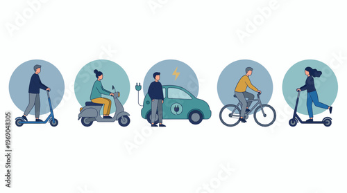 Sustainable city planners and office managers using electric scooters, bikes and cars for green travel, concept for urban mobility, eco friendly transport and sustainable commuting