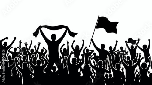 Silhouette of enthusiastic corporate team members and business executives cheering with flags on white background, concept for business success, corporate achievement and team motivation