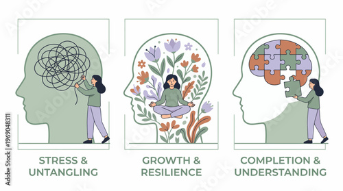 Female corporate manager managing stages of stress untangling, spiritual growth and logical puzzle understanding, concept for wellness program, psychological therapy and mental coaching