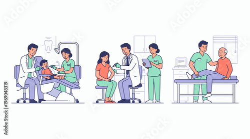 Professional dentist, physician and physiotherapist providing healthcare services to patients of different ages, concept for medical clinic, health insurance and hospital advertising