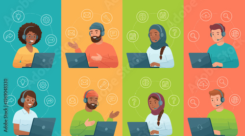 Professional diverse customer service representatives and technical support specialists using laptops with digital communication icons, concept for help desk, global outsourcing and remote team