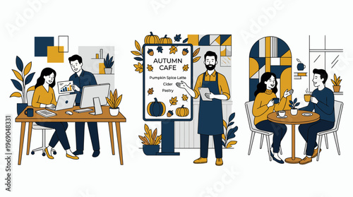Professional financial analyst and manager working near barista presenting autumn menu to coffee shop guests, concept for business collaboration, seasonal marketing and cafe advertising