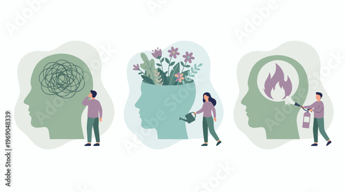 Human resource managers assisting office employees with mental health states of stress, burnout and growth shown by brain symbols, concept for workplace wellness, therapy and corporate coaching