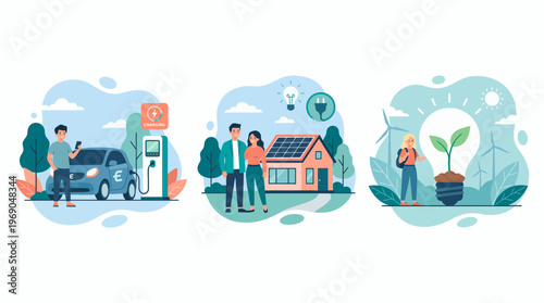 Sustainability managers showing electric car charging, solar home and wind energy conservation, concept for renewable energy promotion, environmental awareness and green technology advertising