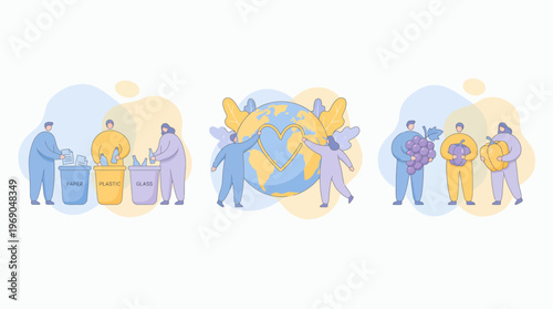 Sustainability officers and corporate executives sorting waste, caring for planet and eating healthy food, concept for environmental awareness, social responsibility and green business