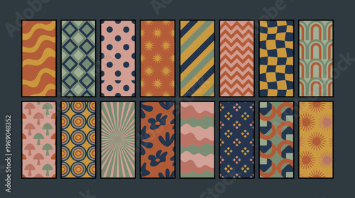 Set of sixteen retro seamless pattern designs with groovy 70s geometric shapes and abstract floral elements in earthy tones, concept for fabric printing, wallpaper and creative branding projects