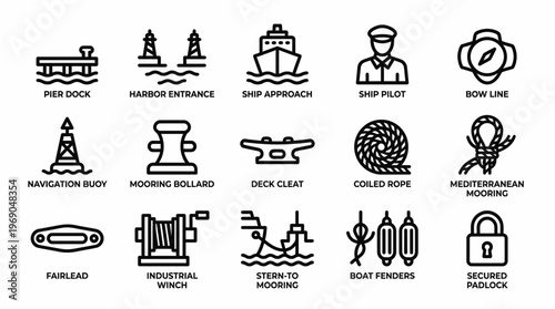 Collection of harbor icons featuring ship pilot and maritime logistics equipment on white background, concept for transportation planning, freight industry and maritime business presentation