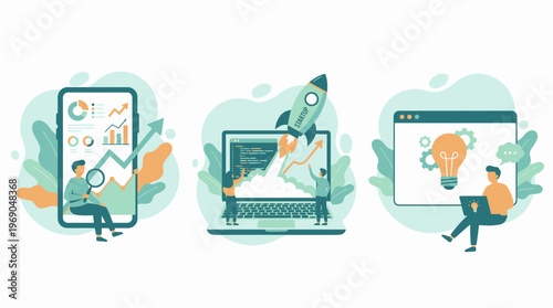 Professional data analyst and developer icons illustrating business growth and rocket launch on devices, concept for digital marketing, business development and innovative entrepreneurship