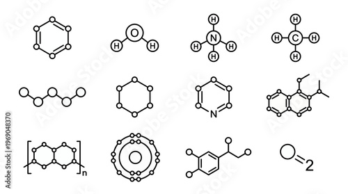 Set of minimalist chemical molecular formula line icons including H2O methane and benzene structures on white background, concept for educational science, laboratory research and pharmacy