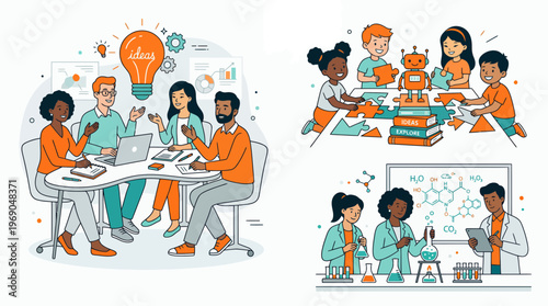 Diverse project managers brainstorming ideas together in the office and professional scientists working in chemistry laboratory, concept for business innovation, research development and teamwork