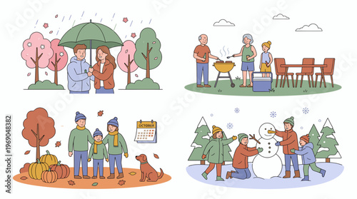 Set of corporate marketing managers and account executives enjoying outdoor seasonal activities like grilling BBQ and building snowman, concept for employee wellness, work life balance and events