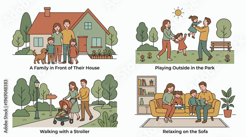 Flat illustration of successful entrepreneur family at home playing in park walking stroller and relaxing on sofa, concept for work life balance, real estate marketing and family insurance