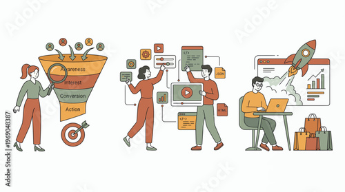 Marketing manager analyzing sales funnel while web developers and startup entrepreneur launch digital shop, concept for business growth, digital strategy and ecommerce success