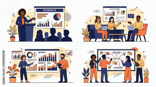 Professional business executives and analysts presenting data charts, growth metrics and strategic ideation on whiteboards, concept for financial reporting, corporate analysis and teamwork