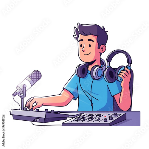 Smiling young man with headphones around his neck, operating a sound mixing board and speaking into a microphone, cartoon style