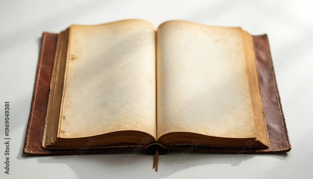 Fototapeta premium Open ancient book with blank aged pages and leather cover rests on white surface. Object is empty, ready for text or drawing. Represents history knowledge or story.