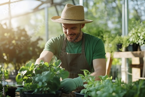A man tending to plants in a greenhouse, enjoying gardening.