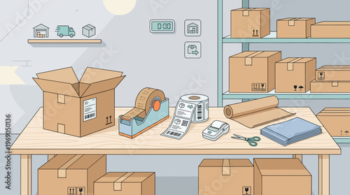 Logistics and E-commerce Shipping Fulfillment Station Illustration with Cardboard Boxes and Packing Supplies