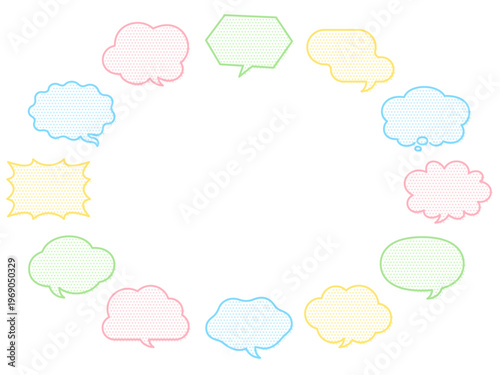 色々な形のカラフルな線とドットの吹き出しの楕円リングフレーム