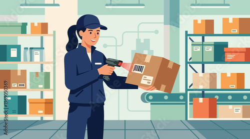 Warehouse Worker Scanning Barcode on Package, Logistics and Inventory Management Vector Illustration for E-commerce and Supply Chain Concepts
