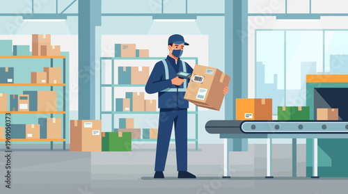 Warehouse Worker with Face Mask Scanning Package in Distribution Center Flat Vector Illustration