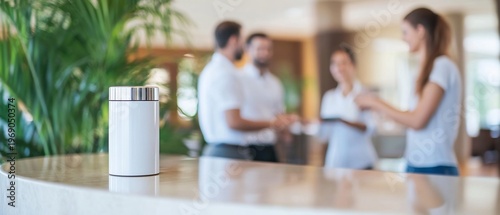 A modern indoor setting with a trash can and people conversing.